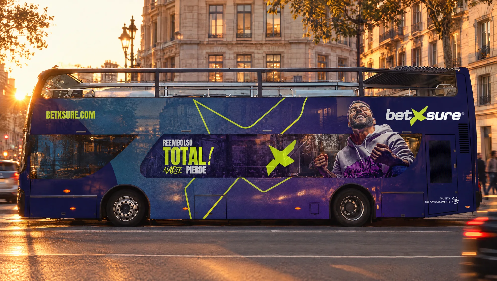 Double-decker bus wrapped with the Betxsure campaign, at sunset