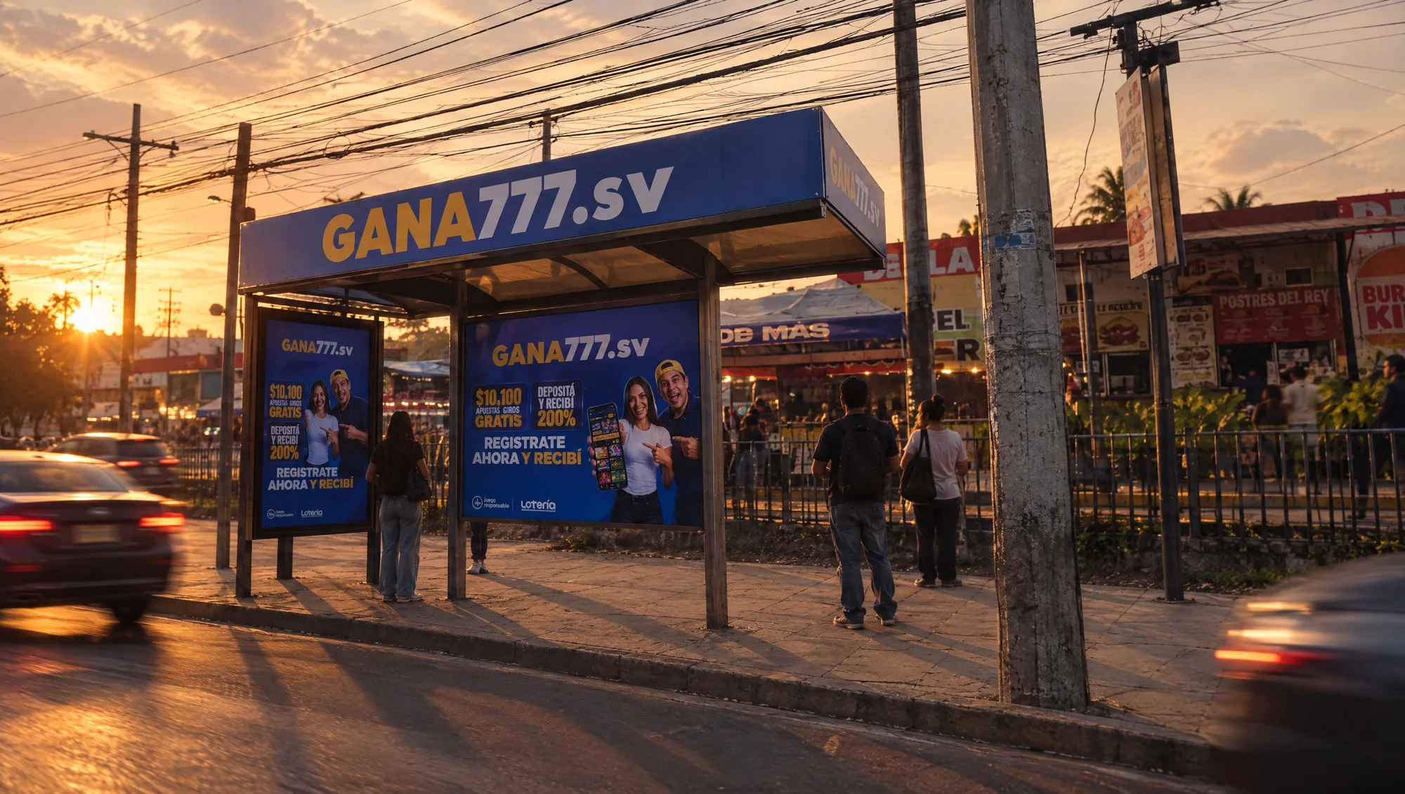 Bus shelter wrapped with the Gana777 campaign in San Salvador, at sunset